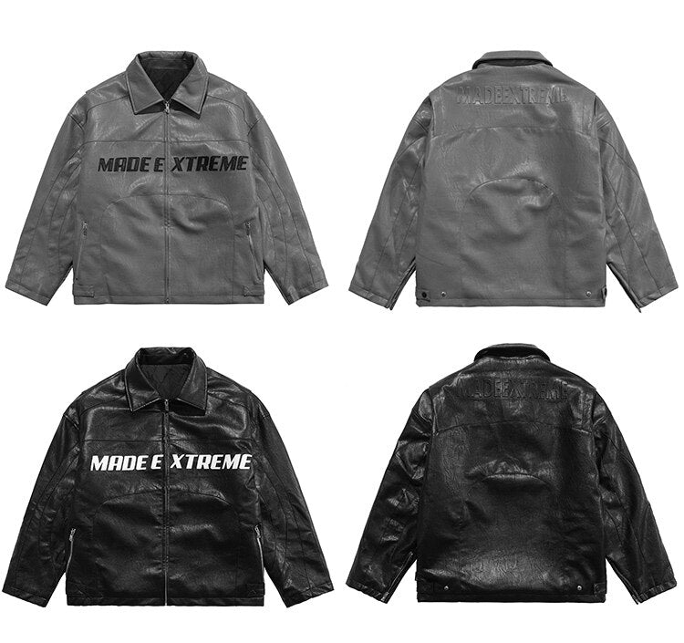 Thick Leather Parkas Men Letter Zipper Pockets Motorcycle Jacket Winter Men Loose Fashion Punk All-match Outwear Unisex