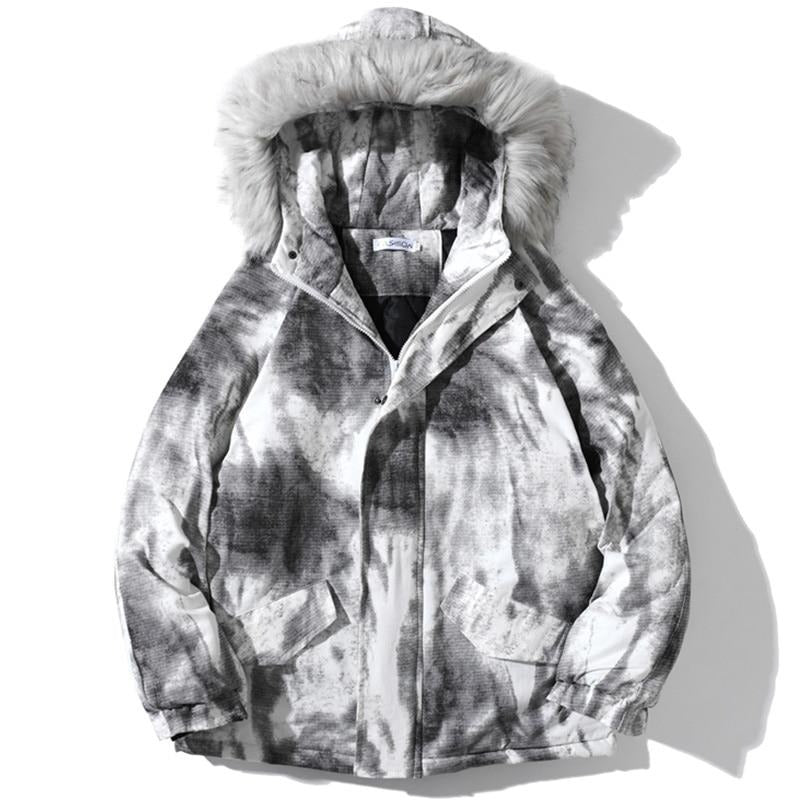 Parkas Winter Jacket Men Distressed Tie Dye Inkjet Printed Padded Coats Jackets Casual Warm Harajuku Fashion Streetwear