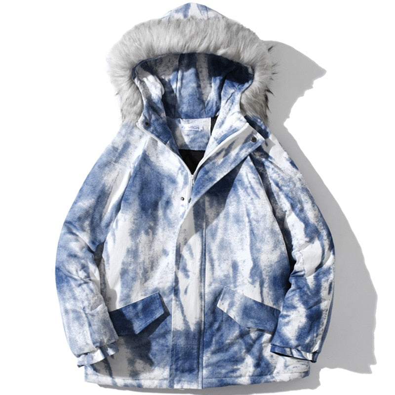 Parkas Winter Jacket Men Distressed Tie Dye Inkjet Printed Padded Coats Jackets Casual Warm Harajuku Fashion Streetwear