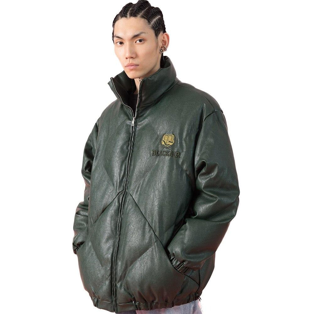 Windproof Leather Parkas Coats Embroidery Winter Jacket Men Solid Color All-match High Street Drawstring Zipper Outwear