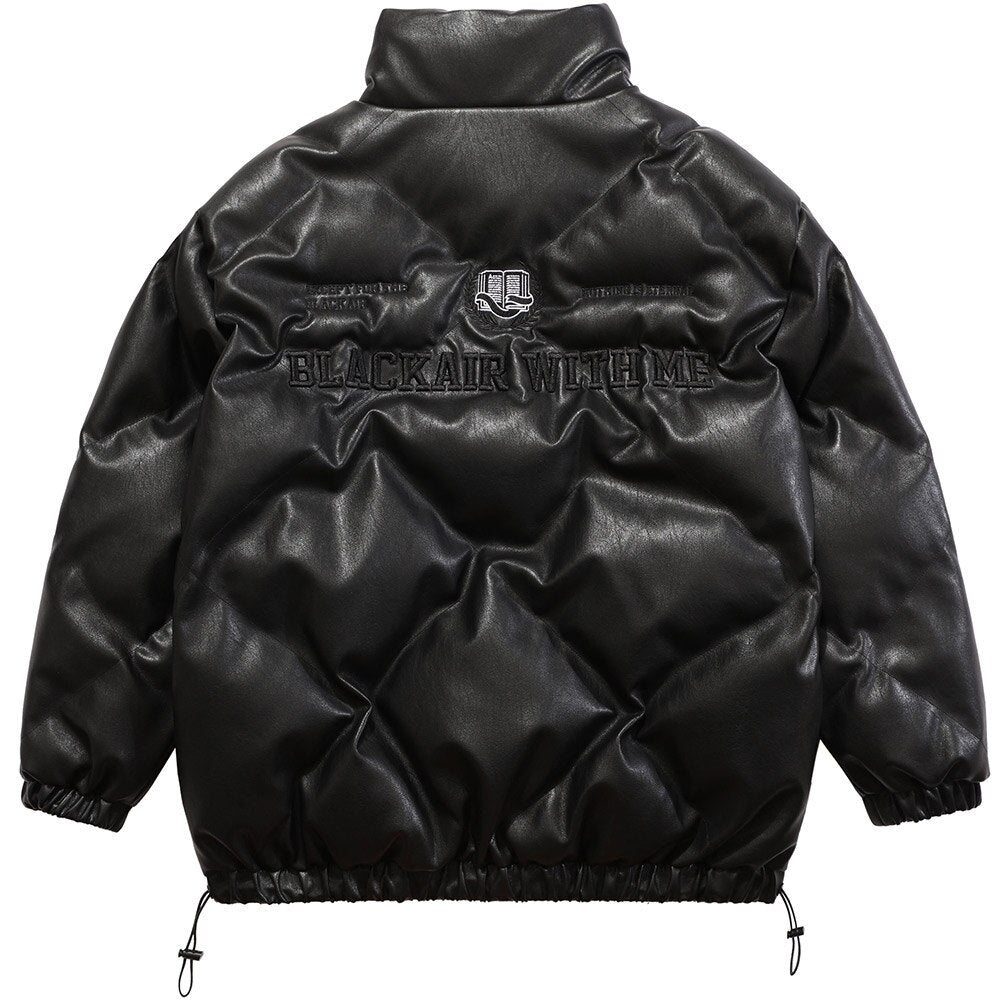 Windproof Leather Parkas Coats Embroidery Winter Jacket Men Solid Color All-match High Street Drawstring Zipper Outwear
