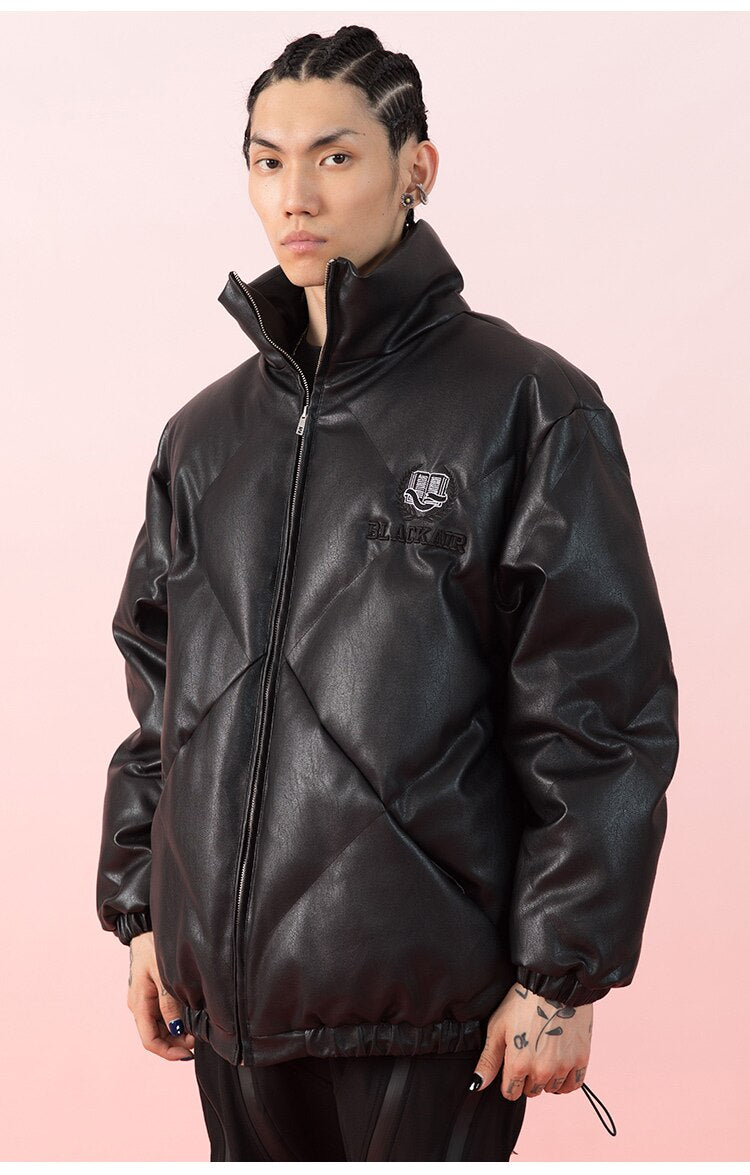 Windproof Leather Parkas Coats Embroidery Winter Jacket Men Solid Color All-match High Street Drawstring Zipper Outwear