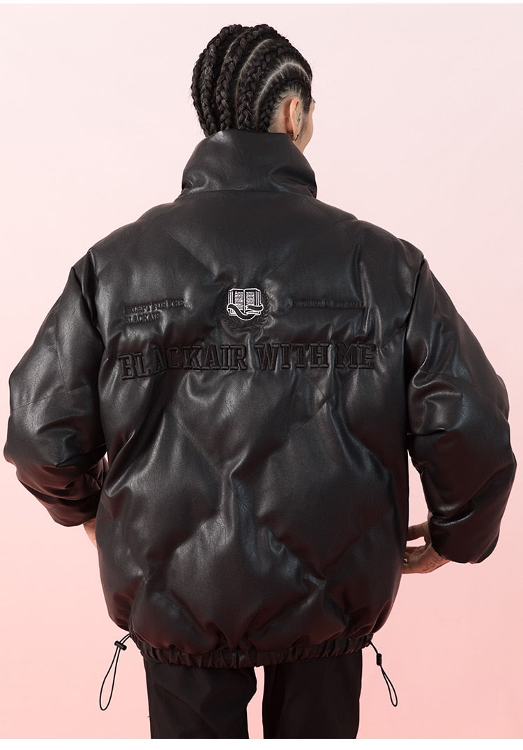 Windproof Leather Parkas Coats Embroidery Winter Jacket Men Solid Color All-match High Street Drawstring Zipper Outwear
