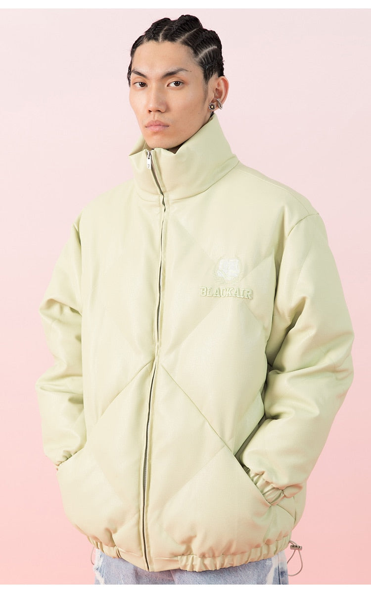 Windproof Leather Parkas Coats Embroidery Winter Jacket Men Solid Color All-match High Street Drawstring Zipper Outwear