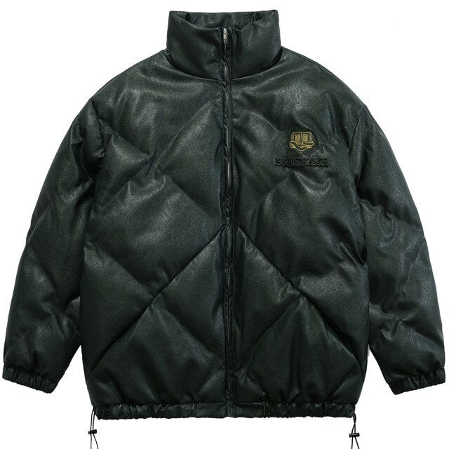 Windproof Leather Parkas Coats Embroidery Winter Jacket Men Solid Color All-match High Street Drawstring Zipper Outwear