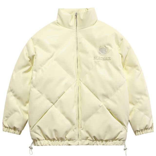Windproof Leather Parkas Coats Embroidery Winter Jacket Men Solid Color All-match High Street Drawstring Zipper Outwear