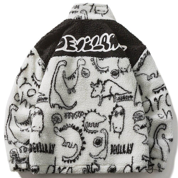Lambswool Parkas Winter Jacket Men Dinosaur Graffiti Fuzzy Casual Fashion Hip Hop Baggy Oversized Coat Couple Outerwear