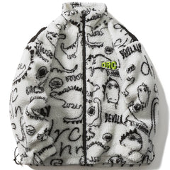 Lambswool Parkas Winter Jacket Men Dinosaur Graffiti Fuzzy Casual Fashion Hip Hop Baggy Oversized Coat Couple Outerwear