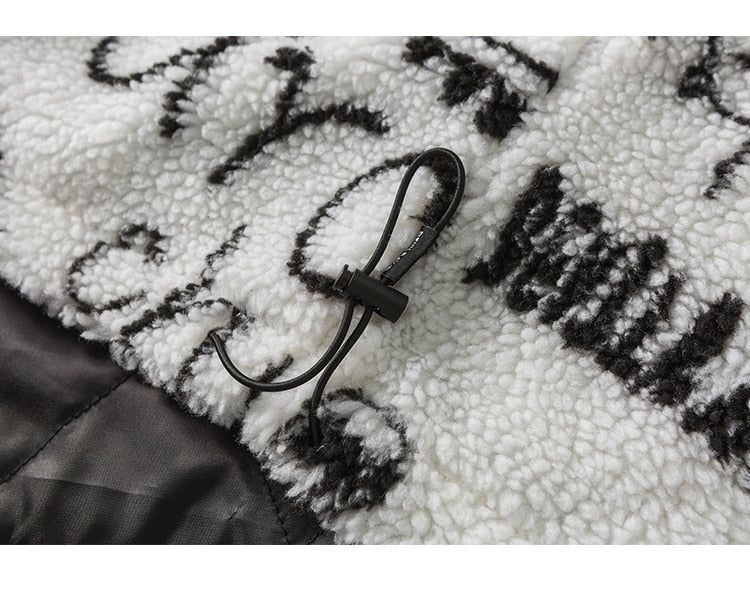 Lambswool Parkas Winter Jacket Men Dinosaur Graffiti Fuzzy Casual Fashion Hip Hop Baggy Oversized Coat Couple Outerwear