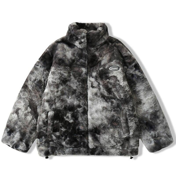 Faux Fur Fleece Winter Jacket Men Tie Dye Printed Fuzzy Jackets Casual Hip Hop Baggy Warm Zipper Coats Couple Outerwear