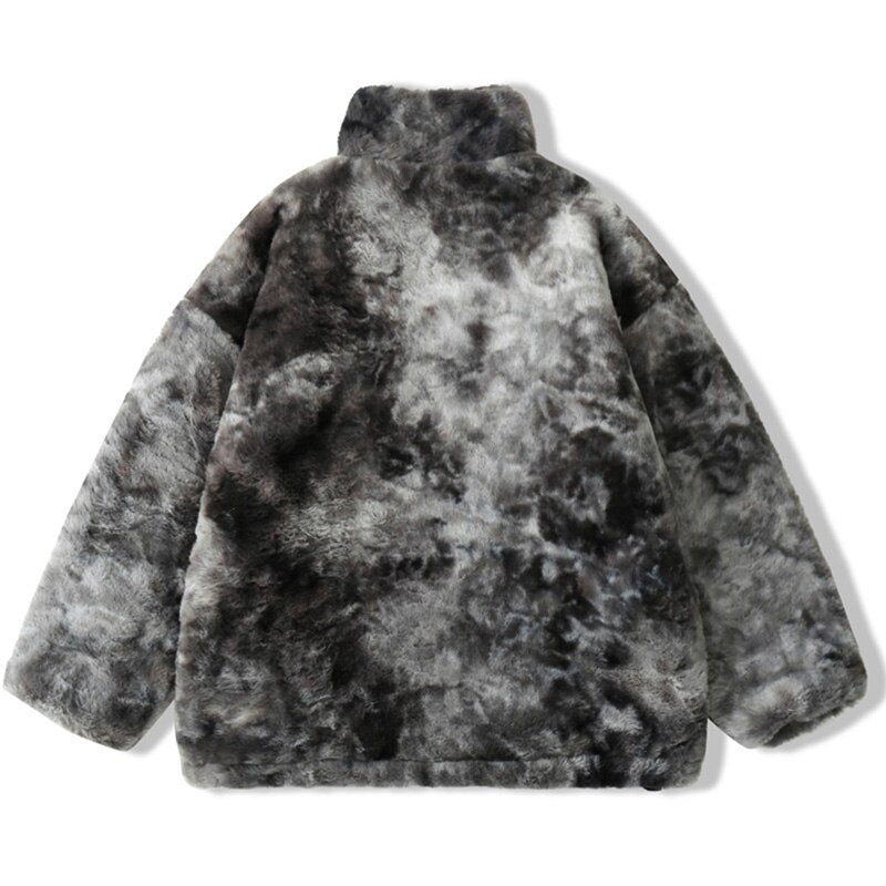 Faux Fur Fleece Winter Jacket Men Tie Dye Printed Fuzzy Jackets Casual Hip Hop Baggy Warm Zipper Coats Couple Outerwear