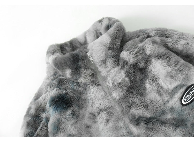 Faux Fur Fleece Winter Jacket Men Tie Dye Printed Fuzzy Jackets Casual Hip Hop Baggy Warm Zipper Coats Couple Outerwear
