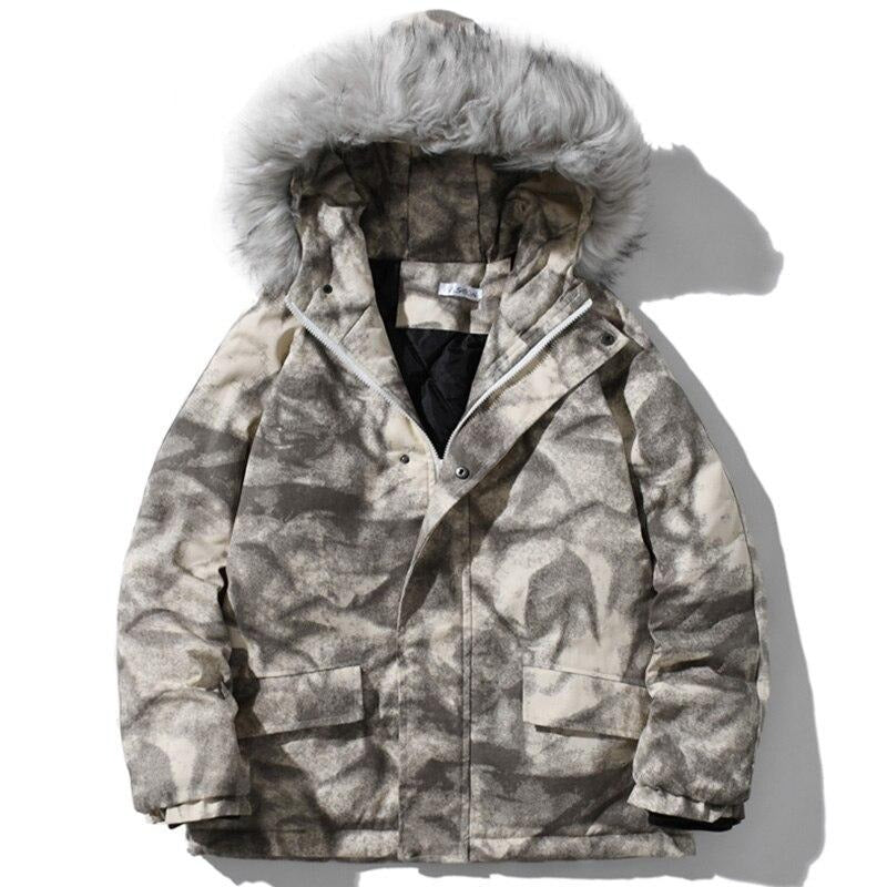 Hooded Parkas Winter Jacket Men Tie Dye Print Cargo Coats Jackets Retro Distressed Fashion Thicken Padded Outerwear Men