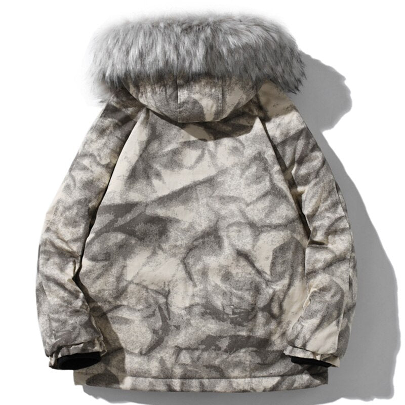 Hooded Parkas Winter Jacket Men Tie Dye Print Cargo Coats Jackets Retro Distressed Fashion Thicken Padded Outerwear Men