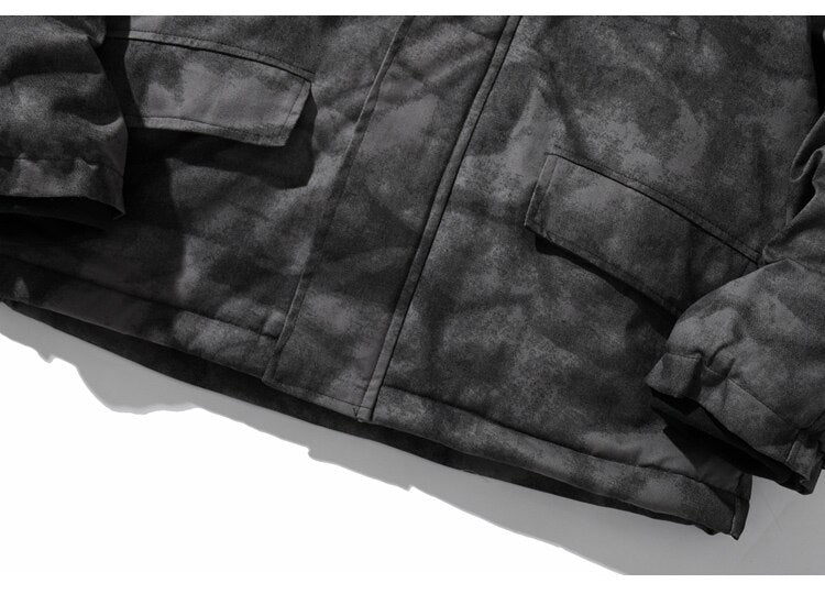Hooded Parkas Winter Jacket Men Tie Dye Print Cargo Coats Jackets Retro Distressed Fashion Thicken Padded Outerwear Men