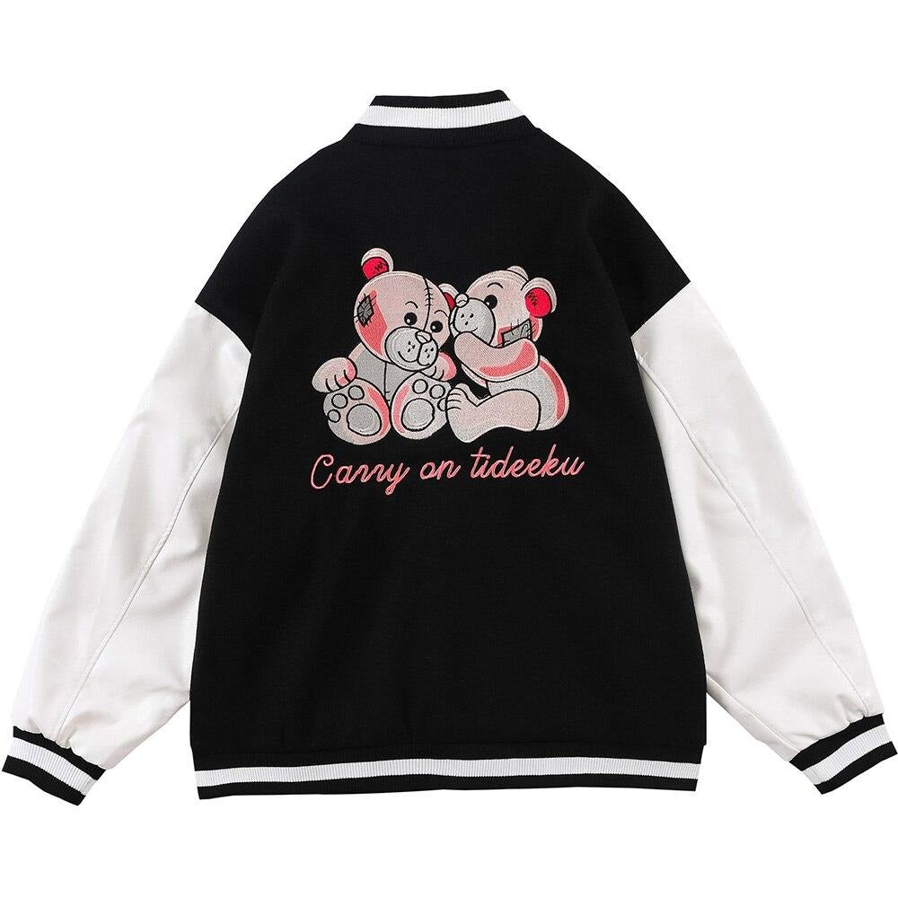 Varsity Jacket Men Bear Embroidery Patchwork Color Bomber Coats Couple Loose High Street Hipster Baseball Jacket Autumn