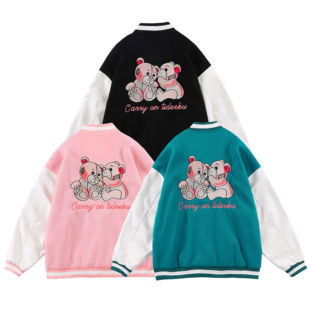 Varsity Jacket Men Bear Embroidery Patchwork Color Bomber Coats Couple Loose High Street Hipster Baseball Jacket Autumn