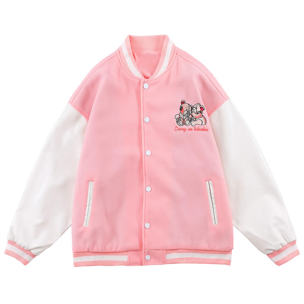 Varsity Jacket Men Bear Embroidery Patchwork Color Bomber Coats Couple Loose High Street Hipster Baseball Jacket Autumn