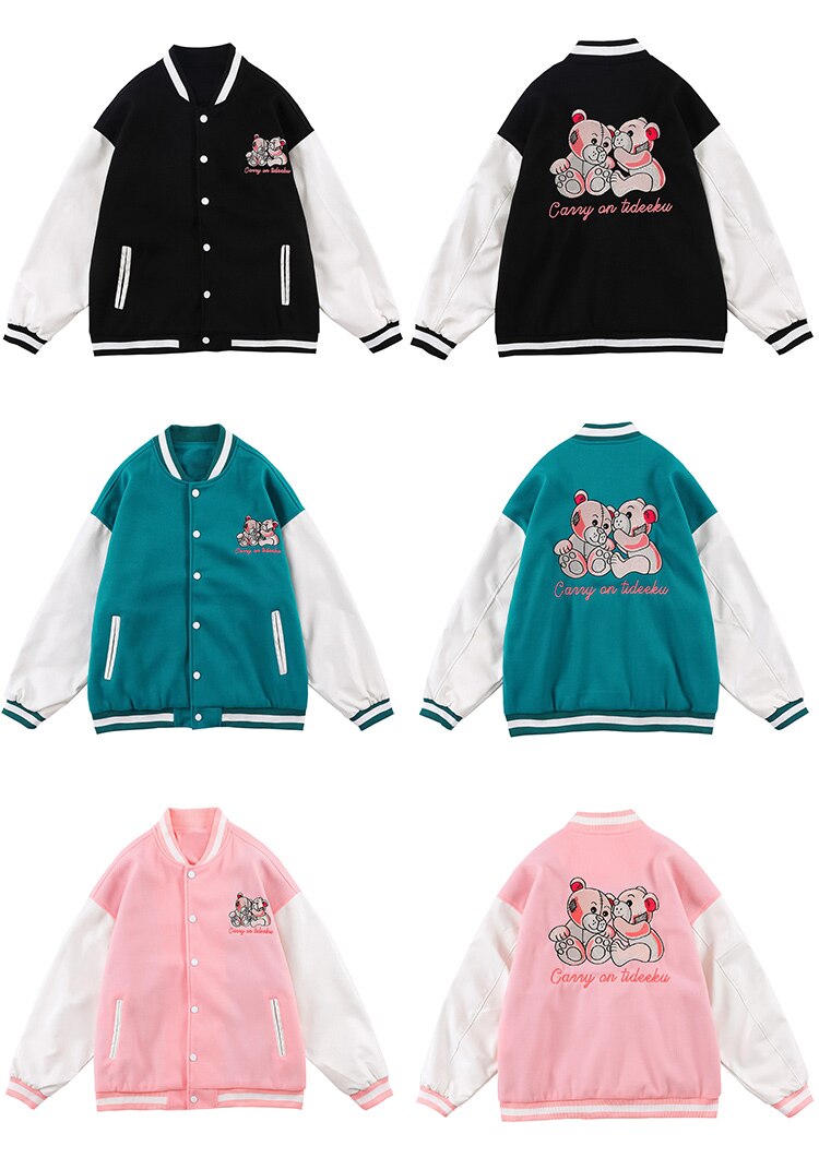 Varsity Jacket Men Bear Embroidery Patchwork Color Bomber Coats Couple Loose High Street Hipster Baseball Jacket Autumn