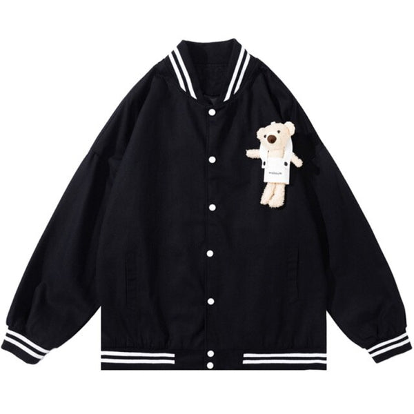 Track Jacket Men Cute Bear Furry Harajuku Letter Patch  Varsity Jacket College Style High Street Couple Coat Streetwear