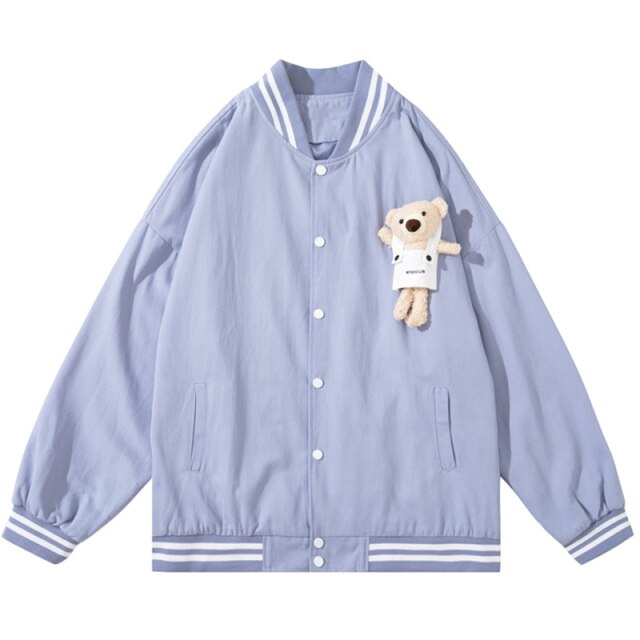 Track Jacket Men Cute Bear Furry Harajuku Letter Patch  Varsity Jacket College Style High Street Couple Coat Streetwear