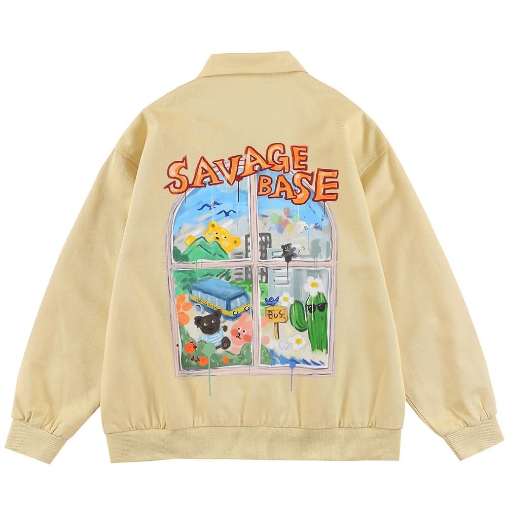 Jackets Men Cartoon Bear Graffiti Letter Print Turn-down Collar Coats Varsity Japanese Fashion All-match Outwear Couple