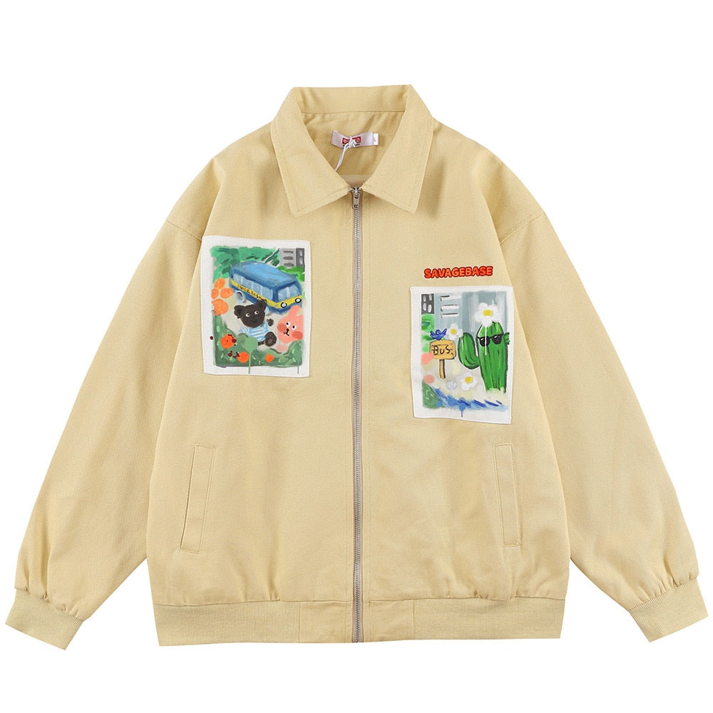 Jackets Men Cartoon Bear Graffiti Letter Print Turn-down Collar Coats Varsity Japanese Fashion All-match Outwear Couple