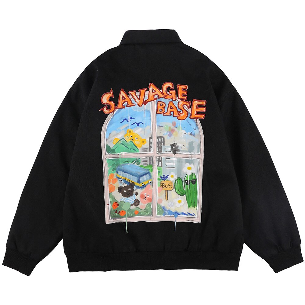 Jackets Men Cartoon Bear Graffiti Letter Print Turn-down Collar Coats Varsity Japanese Fashion All-match Outwear Couple