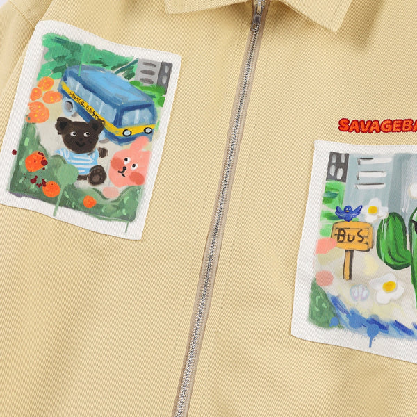 Jackets Men Cartoon Bear Graffiti Letter Print Turn-down Collar Coats Varsity Japanese Fashion All-match Outwear Couple