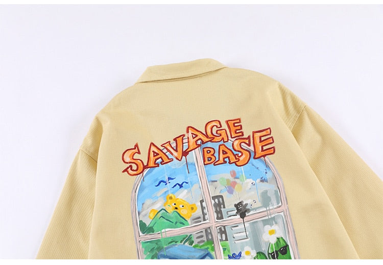 Jackets Men Cartoon Bear Graffiti Letter Print Turn-down Collar Coats Varsity Japanese Fashion All-match Outwear Couple