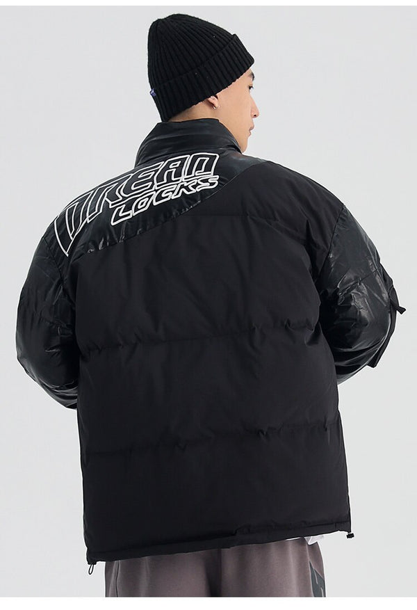 Parka Jacket Men Embroidery Patchwork Pocket Cotton Coat Winter Fashion High Street Cool Warm Cozy Zipper Outwear Black
