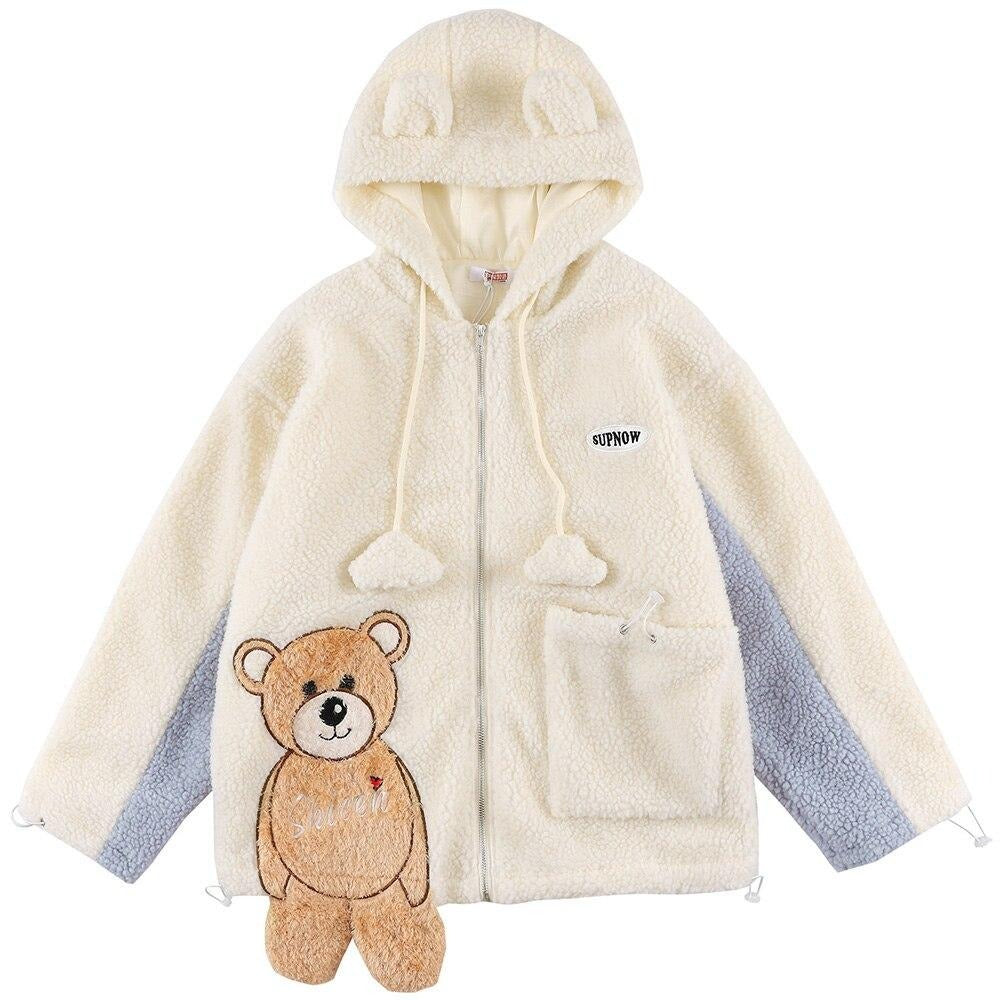 Lambswool Jacket Men Furry Bear Patchwork Outwear College Style All-match Hooded Coats Soft Cozy Warm Couple Streetwear