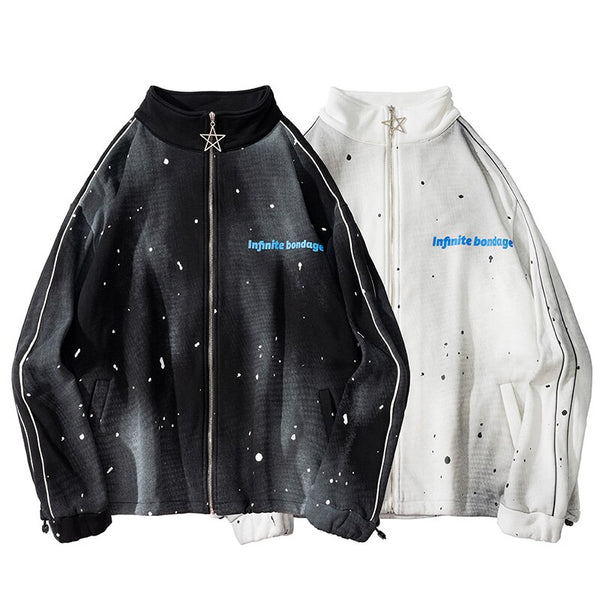 Jacket Men Watercolor Point Star Zipper Fleece College Style Coat Casual Japanese Loose Harajuku Fashion Outwear Couple