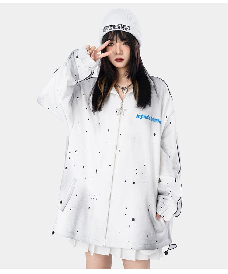 Jacket Men Watercolor Point Star Zipper Fleece College Style Coat Casual Japanese Loose Harajuku Fashion Outwear Couple