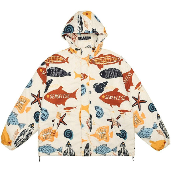 Winter Jacket Men Colorful Cartoon Fish Print Hooded Coat Zipper Casual High Street Harajuku Windbreaker Couple Outwear