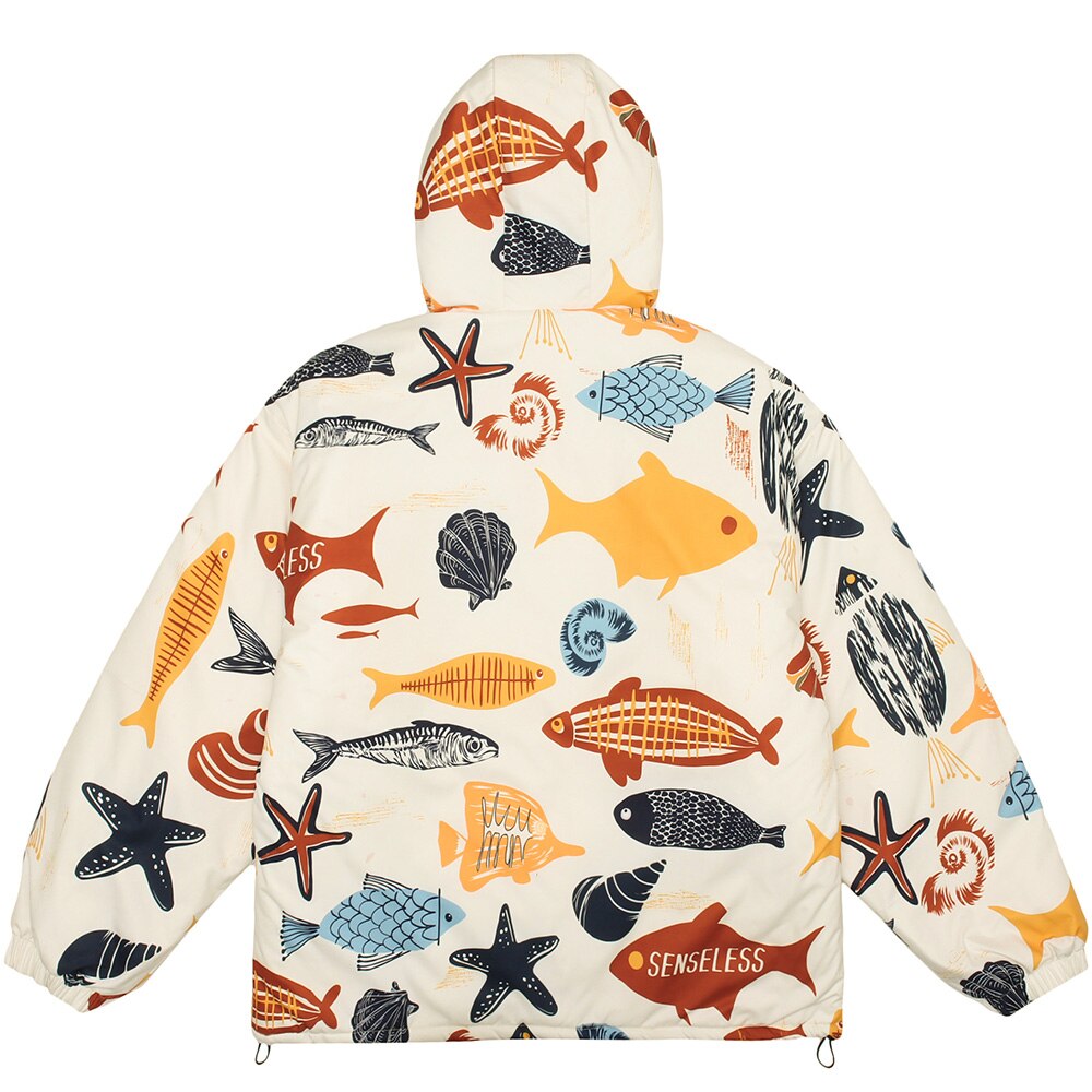 Winter Jacket Men Colorful Cartoon Fish Print Hooded Coat Zipper Casual High Street Harajuku Windbreaker Couple Outwear
