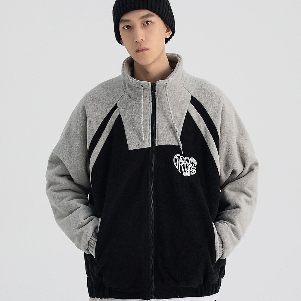 Jacket Men Letter Embroidery Color Block Soft Cozy Zipper Coats Unisex Casual Retro Simple Fashion Thick Outwear Winter