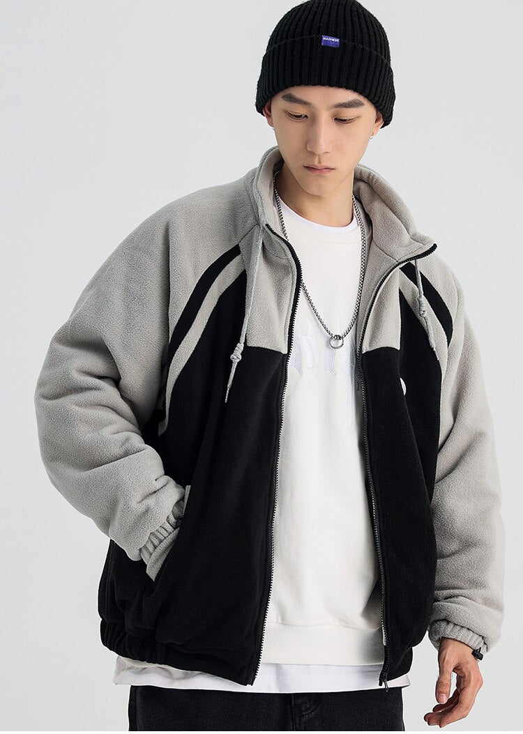 Jacket Men Letter Embroidery Color Block Soft Cozy Zipper Coats Unisex Casual Retro Simple Fashion Thick Outwear Winter