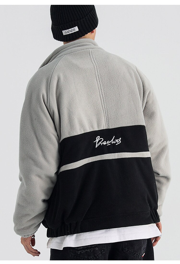 Jacket Men Letter Embroidery Color Block Soft Cozy Zipper Coats Unisex Casual Retro Simple Fashion Thick Outwear Winter
