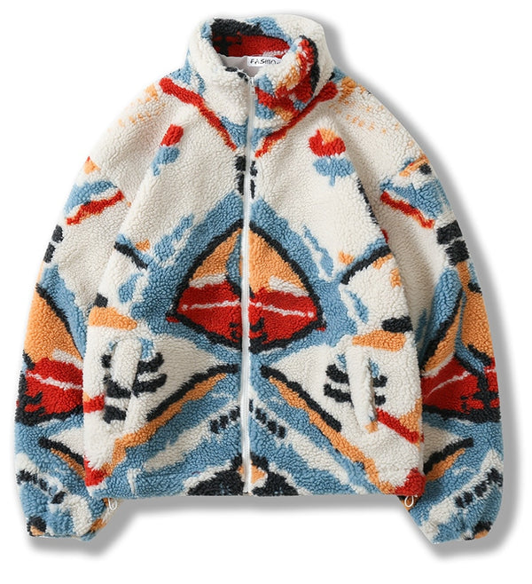 Lambswool Winter Jacket Men Colorful Tie Dye Pockets Zipper Furry Coats Couple Harajuku Fashion Warm Outwear Streetwear