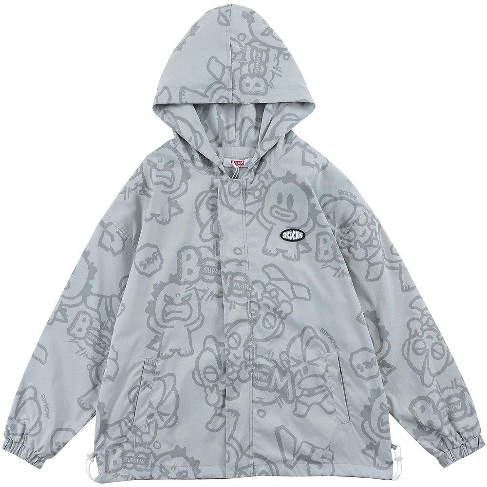 Funny Cute Cartoon Print Hooded Jacket Men Zipper Loose Harajuku High Street Fashion Windbreaker Coat Couple Streetwear