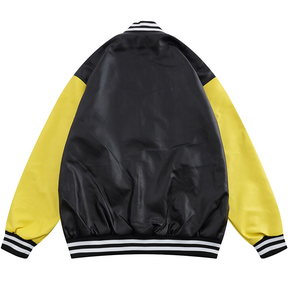 Leather Baseball Jacket Men Patchwork Color Embroidery Casual Oversized Vintage High Street Hipster Bomber Coats Autumn
