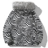 Parka Jacket Men Zebra Striped Print Thick Hooded Jackets Coat Loose Casual Retro Hip Hop Fashion Padded Outwear Winter