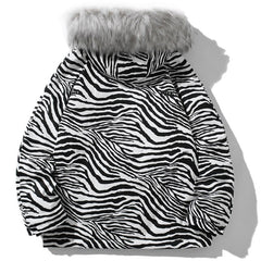 Parka Jacket Men Zebra Striped Print Thick Hooded Jackets Coat Loose Casual Retro Hip Hop Fashion Padded Outwear Winter