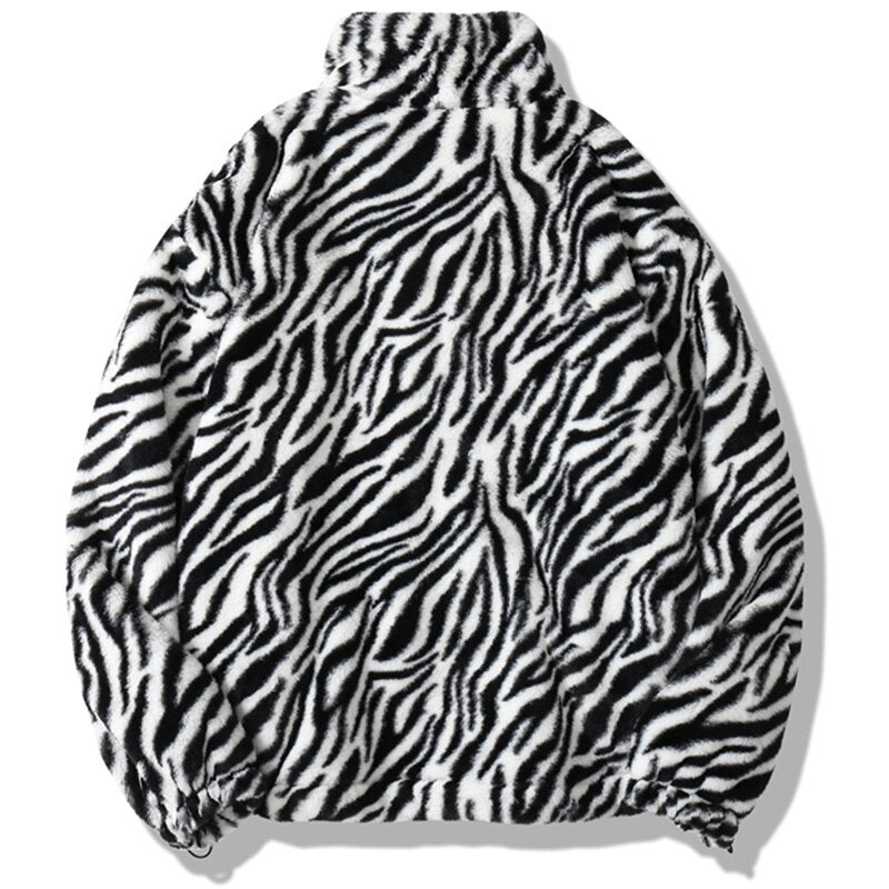 Winter Jacket Men Heart Embroidery Zebra Striped Print Zipper Coats Hip Hop Retro Hipster Loose Soft Fuzzy Warm Outwear
