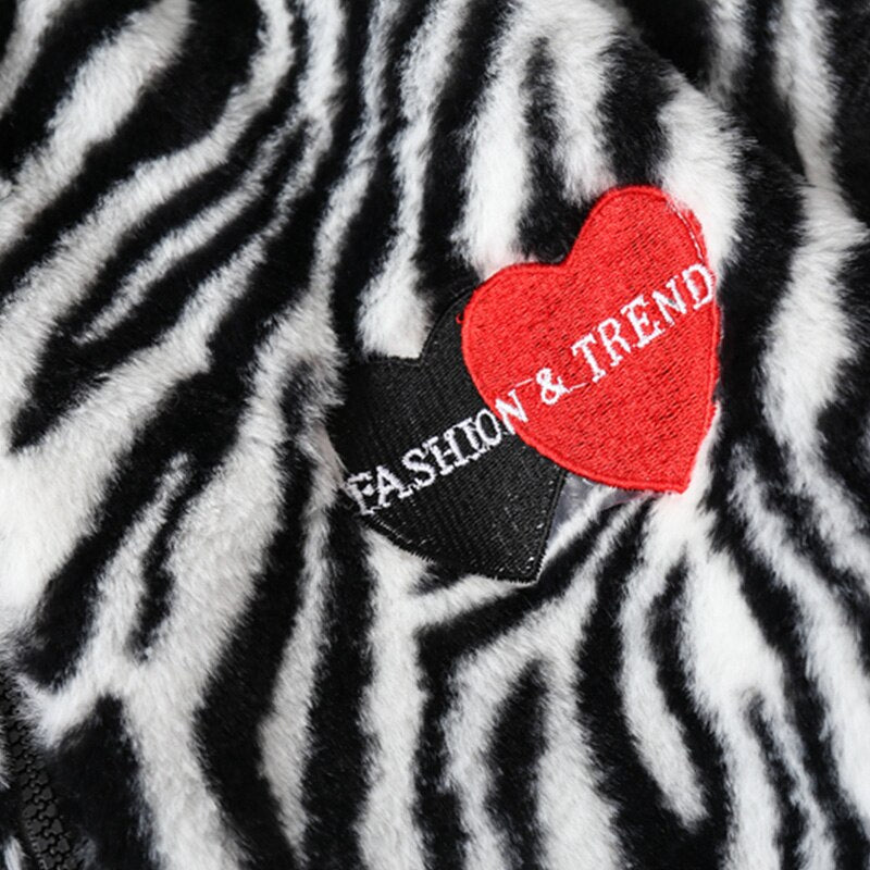 Winter Jacket Men Heart Embroidery Zebra Striped Print Zipper Coats Hip Hop Retro Hipster Loose Soft Fuzzy Warm Outwear