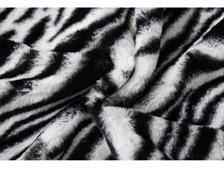 Winter Jacket Men Heart Embroidery Zebra Striped Print Zipper Coats Hip Hop Retro Hipster Loose Soft Fuzzy Warm Outwear