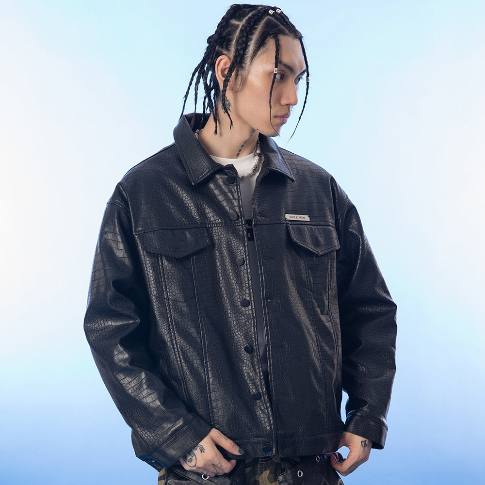 Leather Parkas Jackets Men Pockets Thick Black Motorcycle Jacket Vintage High Street Punk Fashion Turn-down Collar Coat