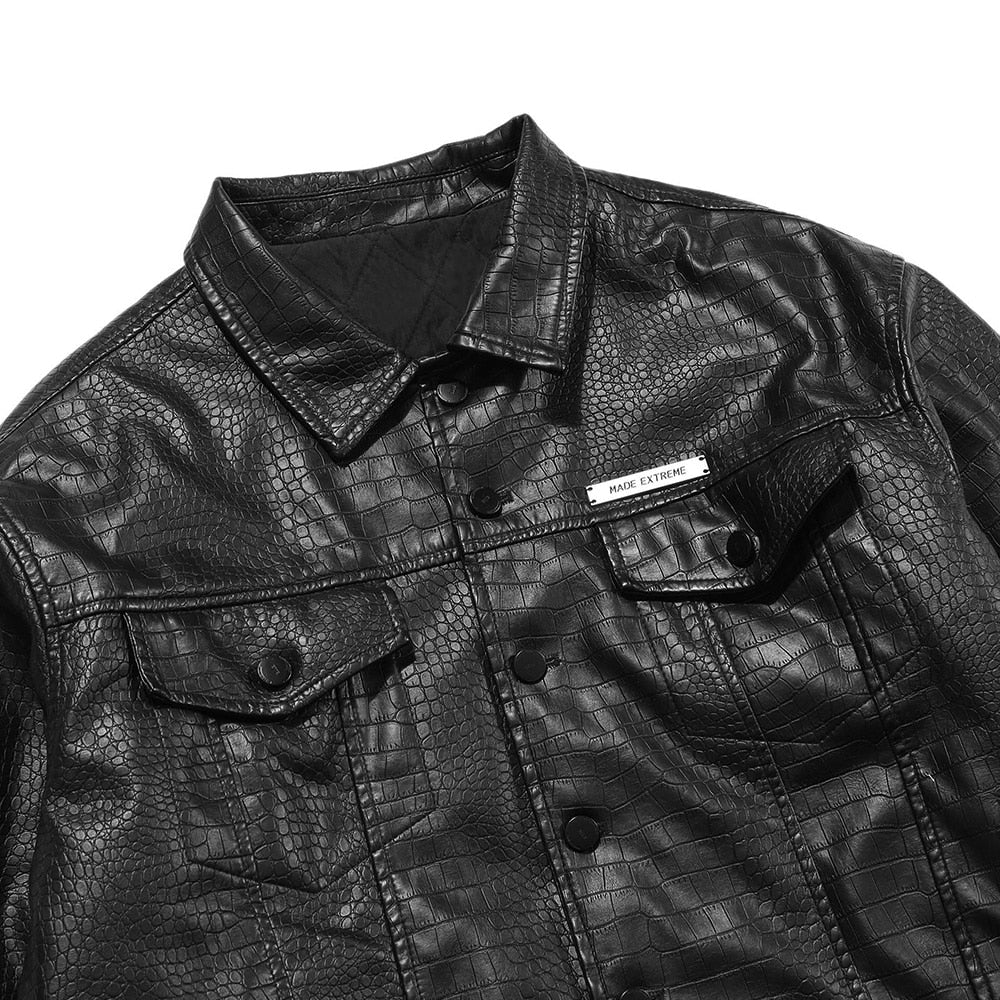 Leather Parkas Jackets Men Pockets Thick Black Motorcycle Jacket Vintage High Street Punk Fashion Turn-down Collar Coat