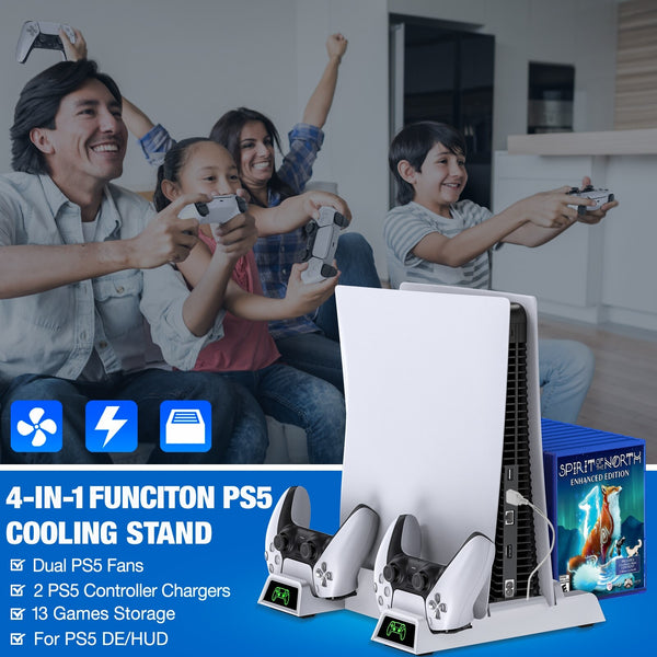 For PS5 Charging Dock Station Vertical Stand Cooling Fan For PS5 with Game Cards Slots Dual Controller Charger For Playstation 5